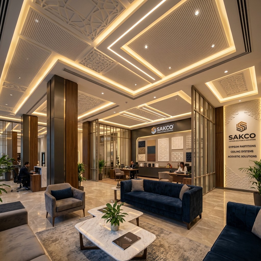 Modern false ceiling with warm lighting